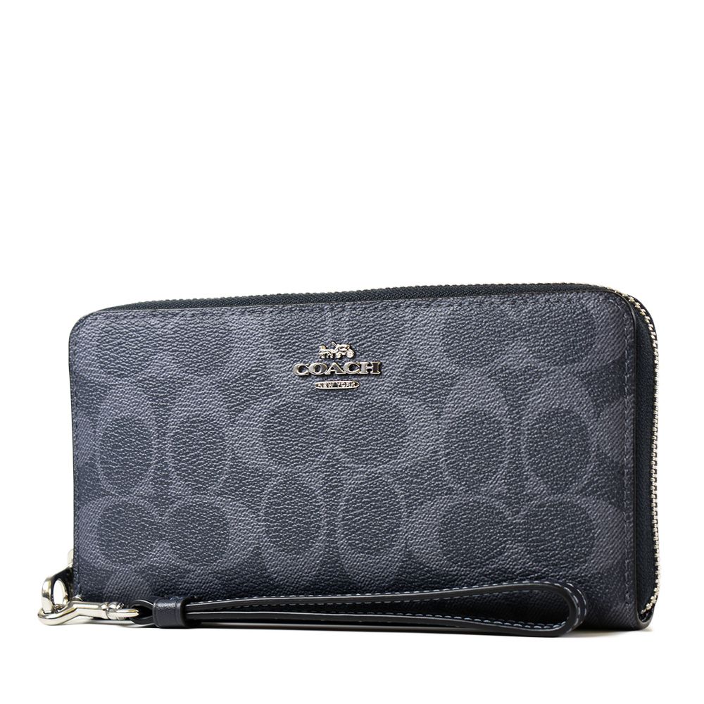 COACH 蔻馳  緹花LOGO防刮皮革手掛式拉鍊長夾-單寧藍