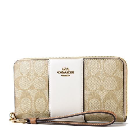 COACH 蔻馳 拚色緹花LOGO防刮皮革手掛式拉鍊長夾-白色