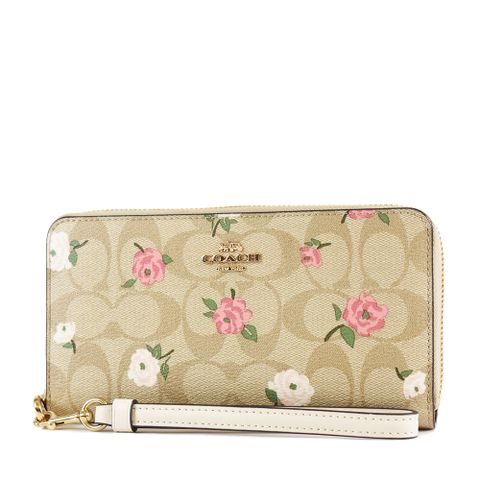 COACH 蔻馳 玫瑰緹花LOGO防刮皮革手掛式拉鍊長夾-白色