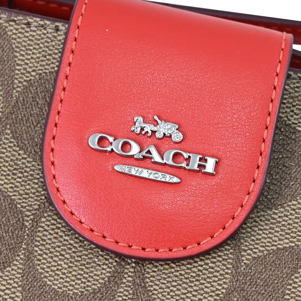 COACH 蔻馳  馬車LOGO印花撞色拼接手機長夾.駝/橘紅