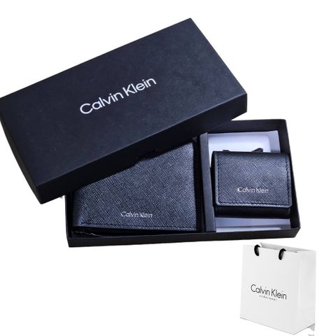 Calvin Klein ck 4卡透明證件男短夾耳機套 禮盒組(禮盒組父親節/七夕情人節)