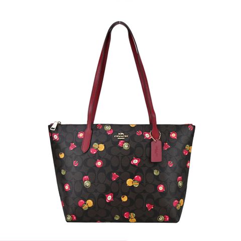 COACH 蔻馳 立體馬車LOGO鈴鐺印花托特包(咖啡x紅)