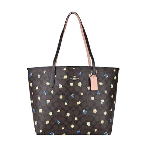 COACH 立體馬車LOGO玟瑰印花托特包(咖啡黑)