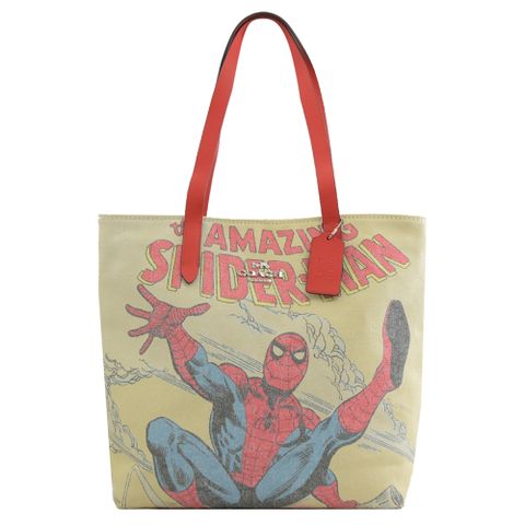 COACH 漫威系列蜘蛛俠肩背大購物托特包.紅邊
