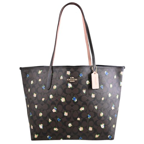 COACH C7274 經典滿版LOGO玫瑰印花肩背托特包.深咖