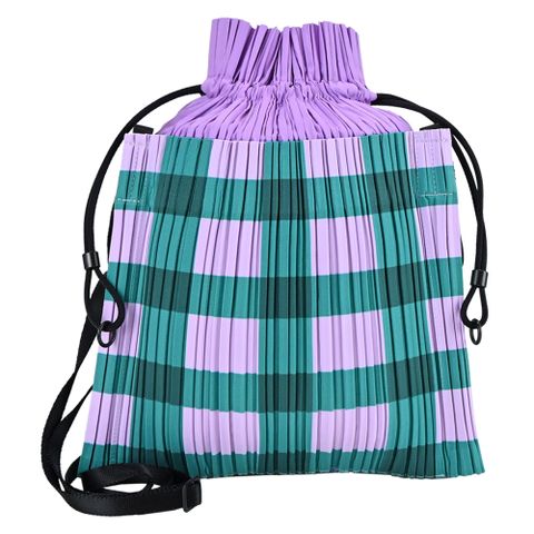 ISSEY MIYAKE 三宅一生 PLEATS PLEASE 格紋百摺束口斜背包-綠/紫