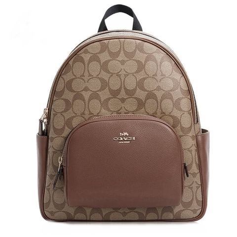 【COACH】金標馬車LOGO三層中大滿版防刮款 透氣後背包-咖啡色