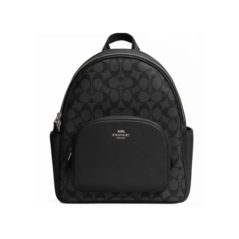 【COACH】金標馬車LOGO三層中大滿版防刮款 透氣後背包-黑灰色