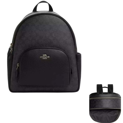 【COACH】金標馬車LOGO三層中大滿版防刮款 透氣後背包-黑灰色