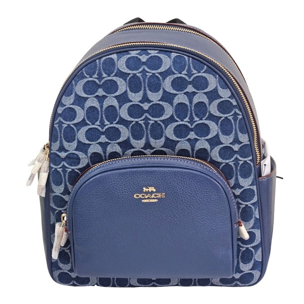 COACH 蔻馳 新款 COURT經典Logo丹寧布拼接後背包附櫻桃吊飾(單寧藍/贈原廠防塵袋紙袋)