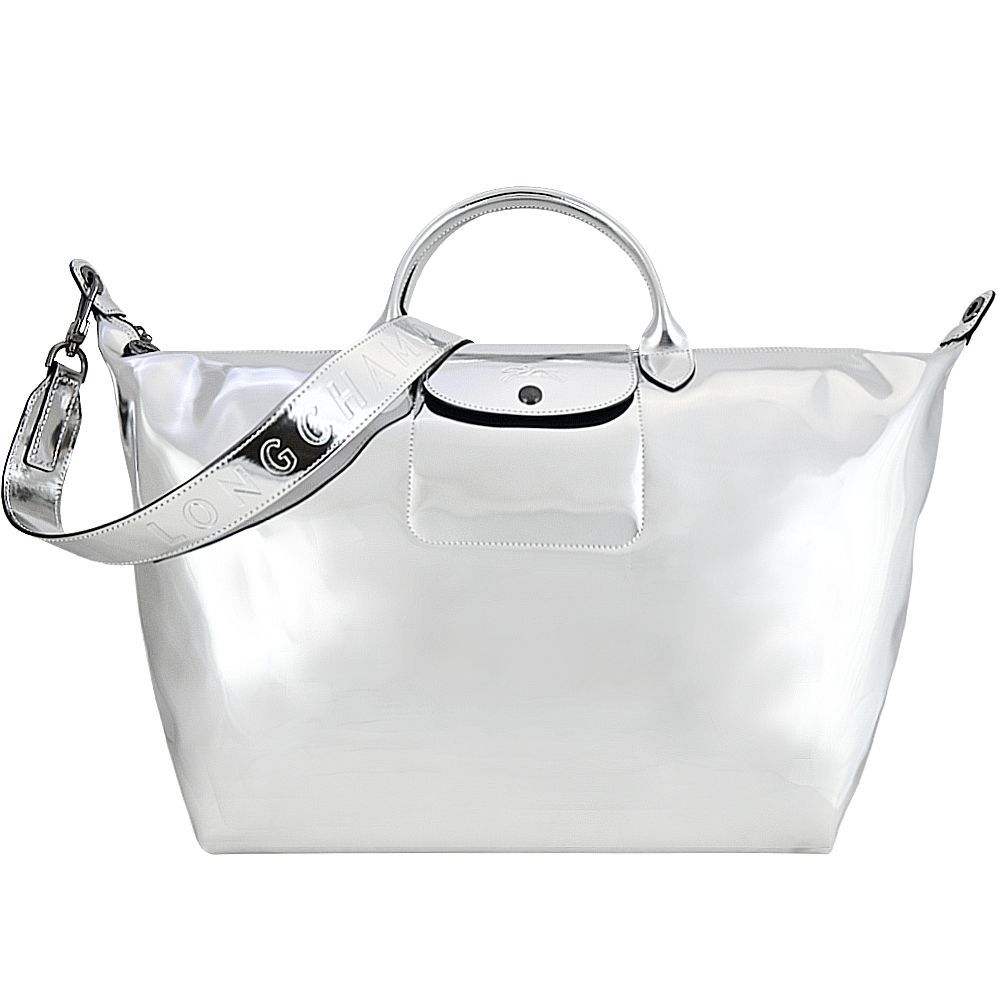 Longchamp  LE PLIAGE S-S系列亮面金屬短把肩背/手提兩用旅行袋(大/銀)