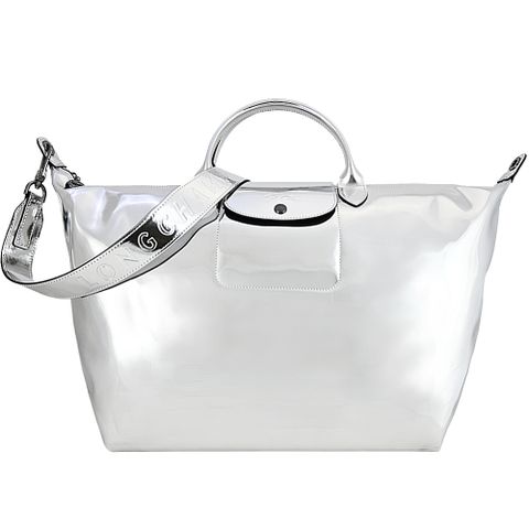 Longchamp LE PLIAGE S-S系列亮面金屬短把肩背/手提兩用旅行袋(大/銀)