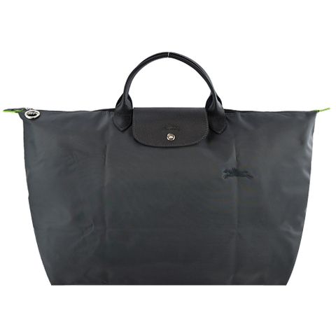 Longchamp LE PLIAGE GREEN系列刺繡短把再生尼龍摺疊旅行袋(大/石墨灰)