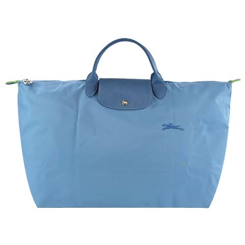 Longchamp LE PLIAGE GREEN系列刺繡短把再生尼龍摺疊旅行袋(大/雷雨藍)