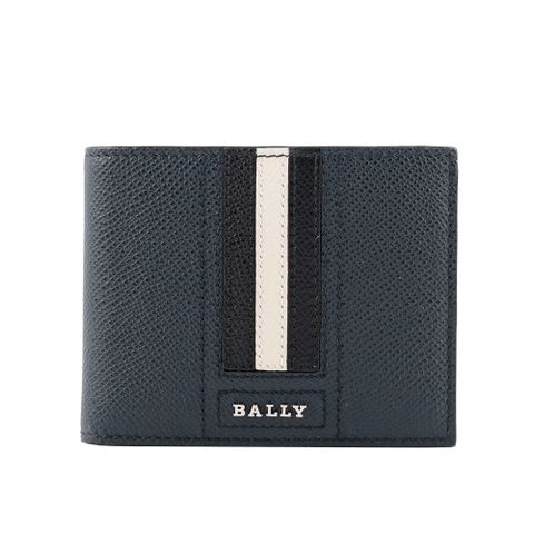 BALLY Tevye 防刮皮革黑白條紋對開6卡短夾(藍色) 6230134