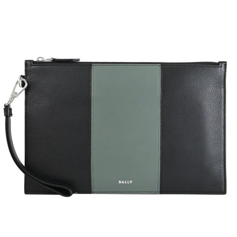 BALLY 6303085 BENERY 燙印LOGO拉鍊大手拿包.黑/灰綠