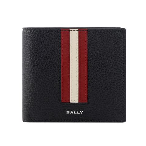 BALLY Ribbon 紅白條紋牛皮對開8卡短夾(黑色)