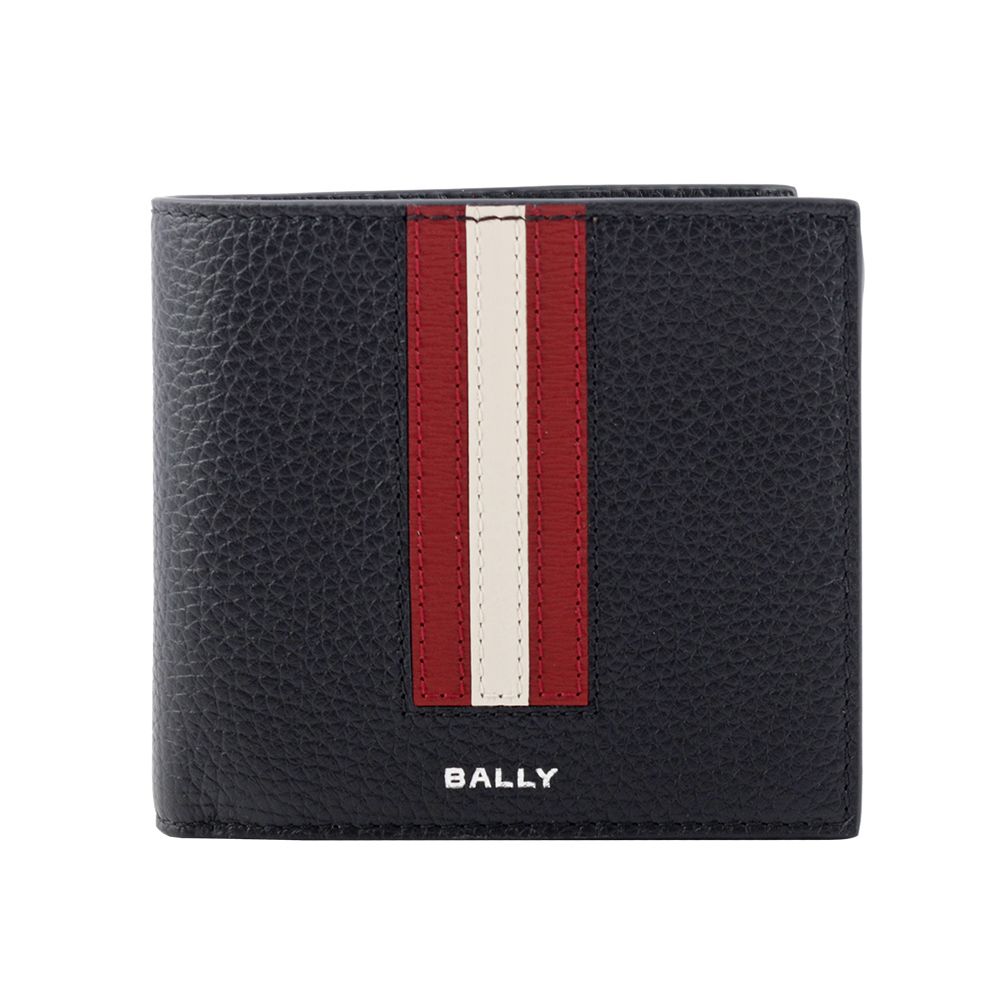 BALLY  Ribbon 紅白條紋牛皮對開零錢袋短夾(黑色)