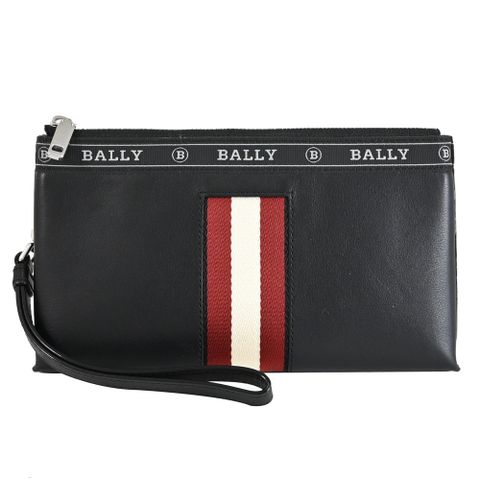 BALLY 6232064 BERYER 經典條紋牛皮拉鍊手拿包.黑
