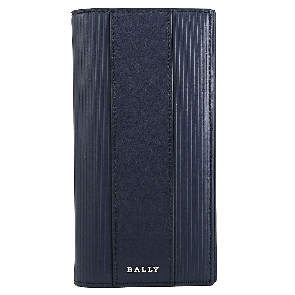 BALLY  LALIROS 金屬LOGO條紋牛皮對開長夾.深藍