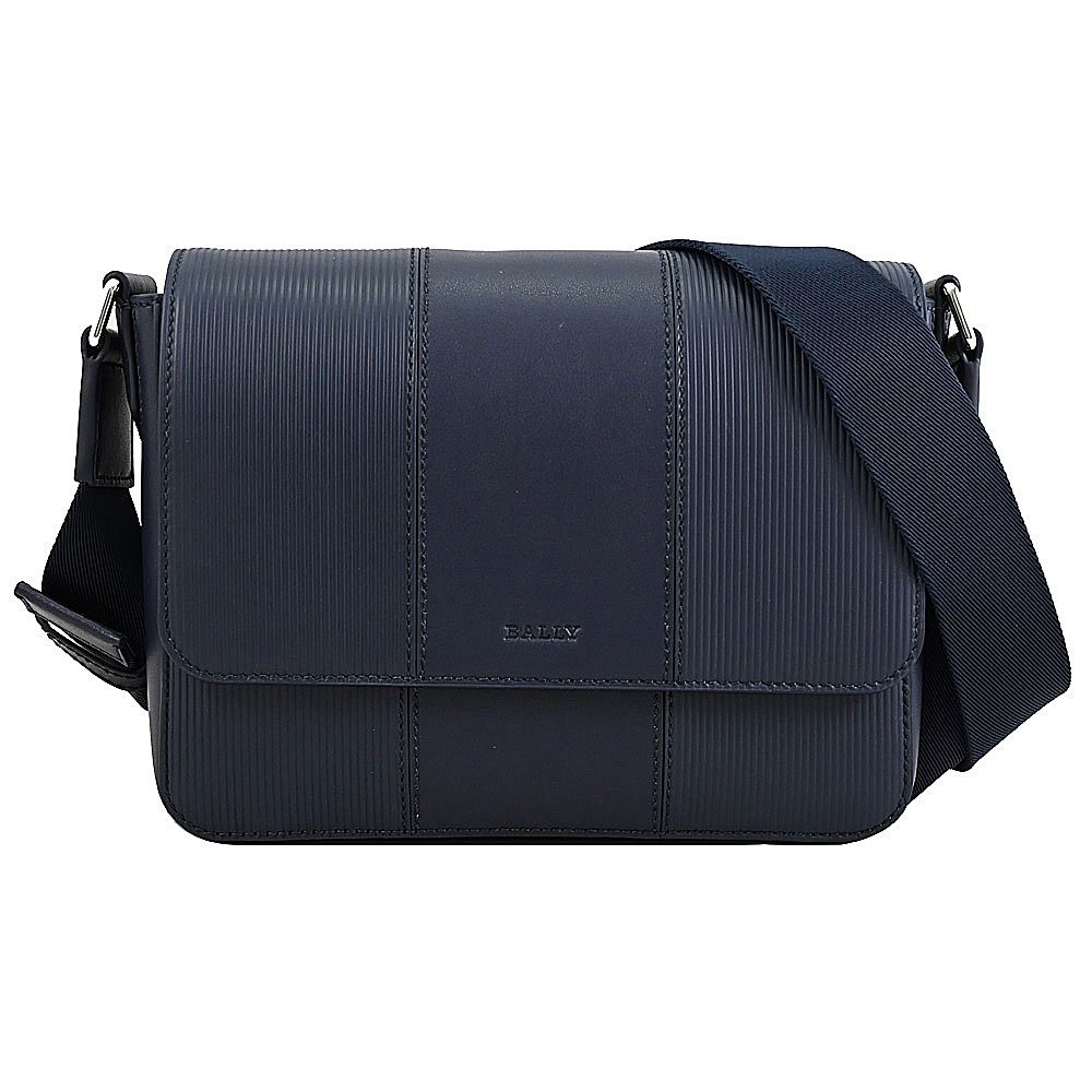 BALLY  Lance 烙印LOGO條紋牛皮翻蓋斜背方包.深藍