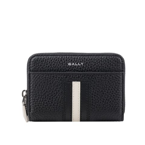 BALLY Ribbon 黑白條紋牛皮形拉鍊卡包/零錢包(黑色)
