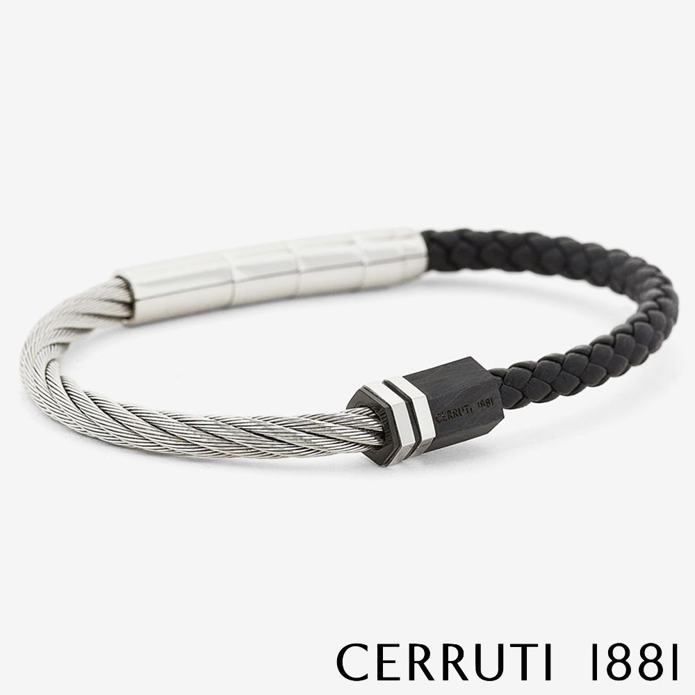 Cerruti 1881 義大利經典不鏽鋼皮革手環 銀黑色 限時2折 全新專櫃展示品 (CB1601)