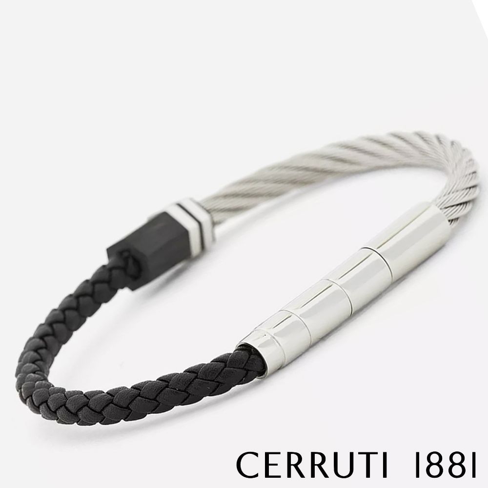 Cerruti 1881 義大利經典不鏽鋼皮革手環 銀黑色 限時2折 全新專櫃展示品 (CB1601)