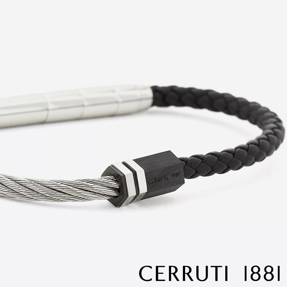 Cerruti 1881 義大利經典不鏽鋼皮革手環 銀黑色 限時2折 全新專櫃展示品 (CB1601)