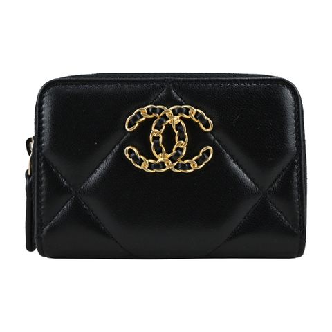 CHANEL 香奈兒 19系列經典金屬LOGO菱紋ㄇ拉小羊皮零錢包(黑色)