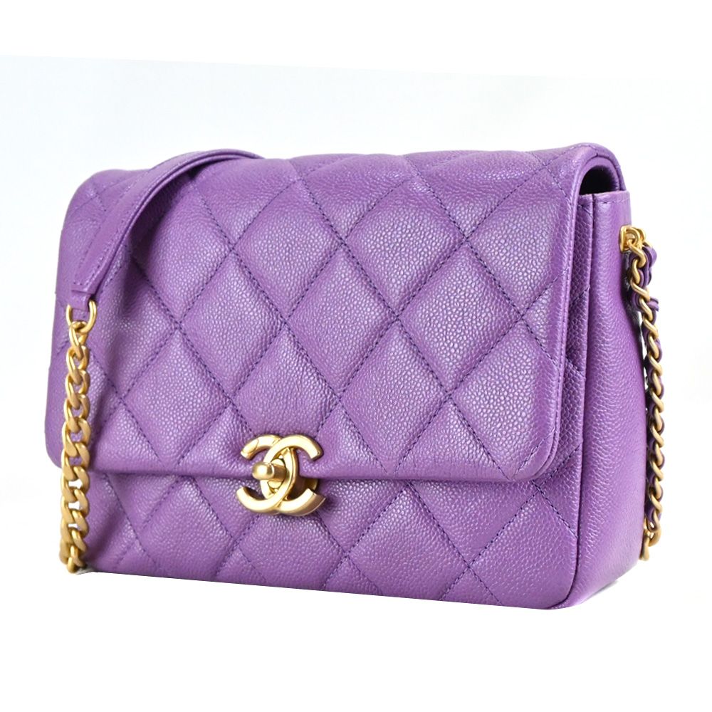 CHANEL 香奈兒22P Melody Flap新款金色LOGO粒紋牛皮翻蓋斜背包