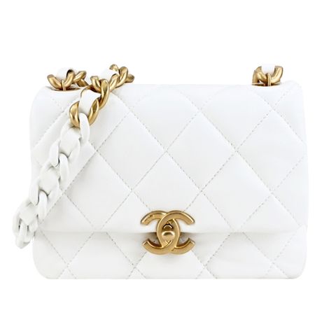 CHANEL 香奈兒 Mini Flap Bag經典菱格紋小羊皮金釦鏈帶翻蓋斜背包(白色)