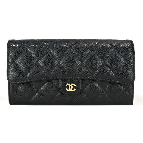 CHANEL 香奈兒 經典金色雙C LOGO菱格粒紋小牛皮暗釦長夾 (黑色)