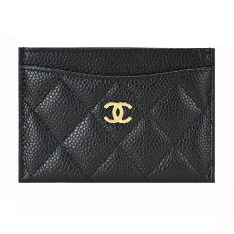 CHANEL 香奈兒 經典金色雙C LOGO菱格紋小牛皮卡片夾(黑色)