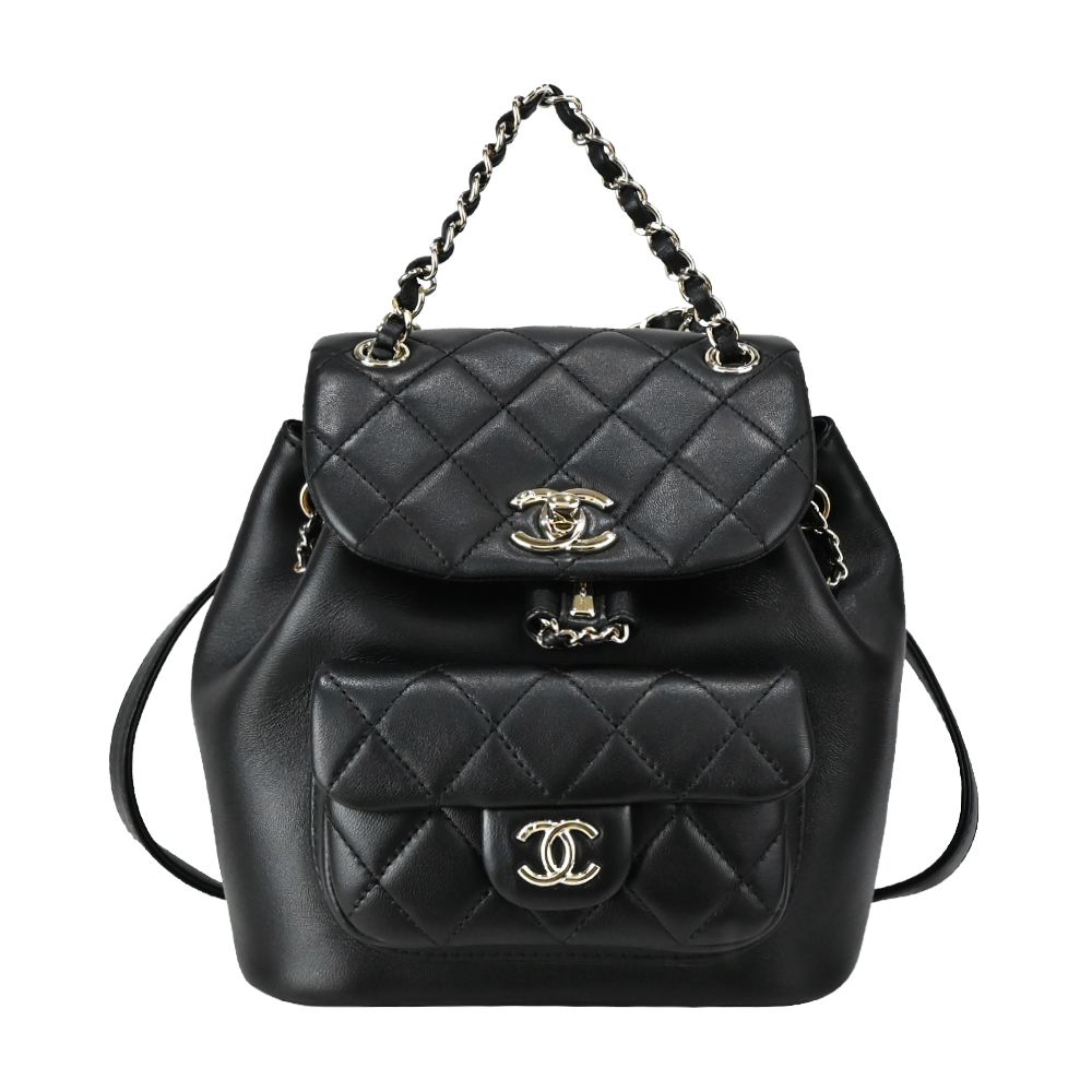 CHANEL 香奈兒  22A Duma經典金色雙C LOGO菱格小羊皮雙肩後背包 (小號/黑色)