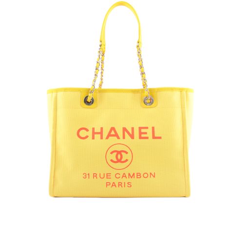 CHANEL Deauville 銀鍊拼色沙灘購物包(中款)(黃色/內螢光橘) CH11000507