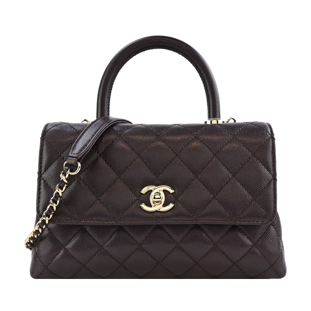 CHANEL 香奈兒  經典COCO HANDLE 菱格紋小牛皮兩用包(深棕)