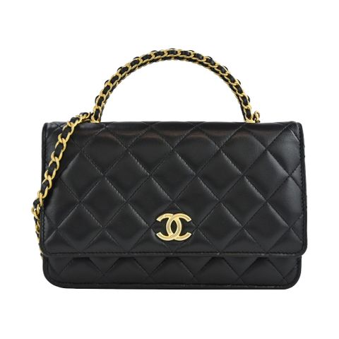CHANEL 經典雙C菱格紋小羊皮WOC鏈帶手提/斜背包(黑色)