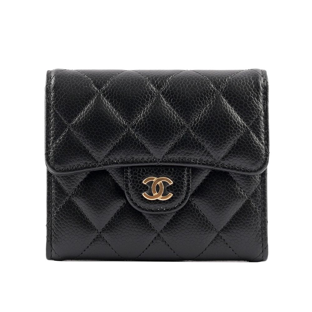 CHANEL 香奈兒  金色CC Logo 菱格紋荔枝牛皮三折短夾(黑色) AP0231 Y01864 C3906