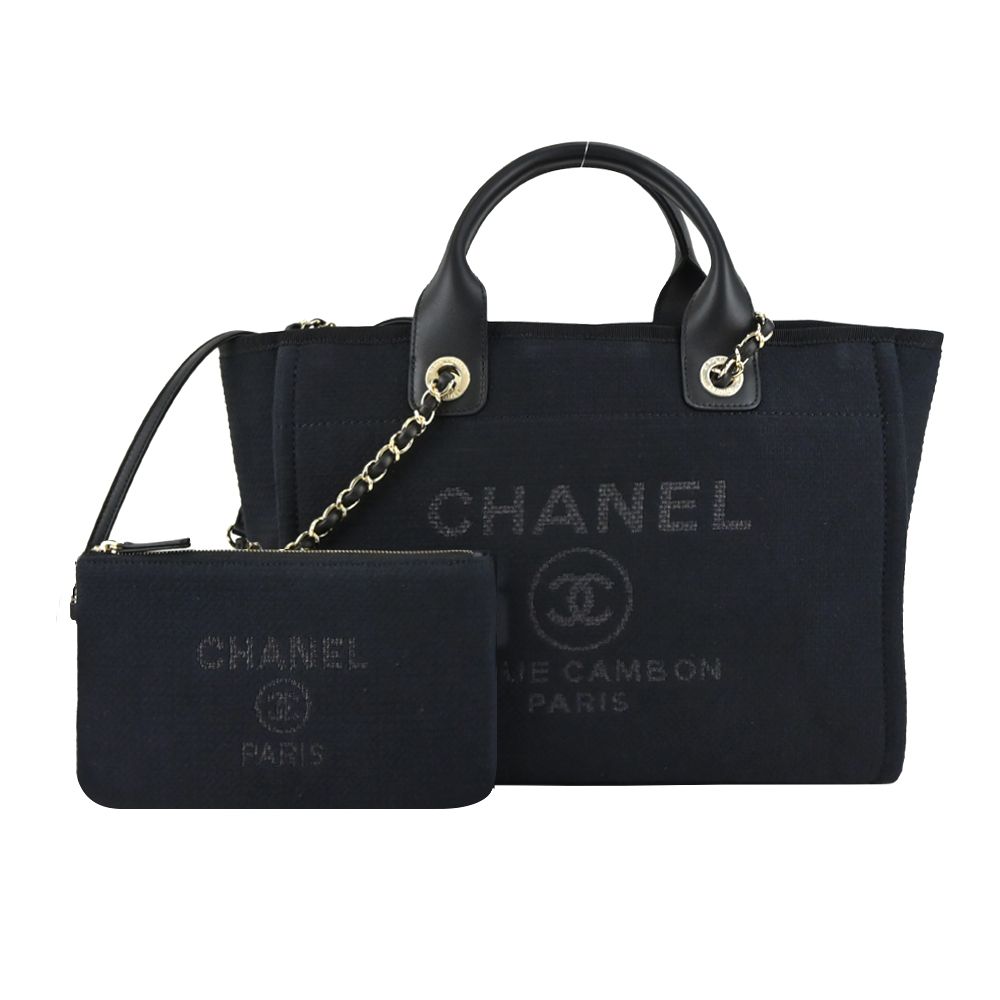 CHANEL 香奈兒  經典Deauville帆布金鍊小號托特包(黑色)