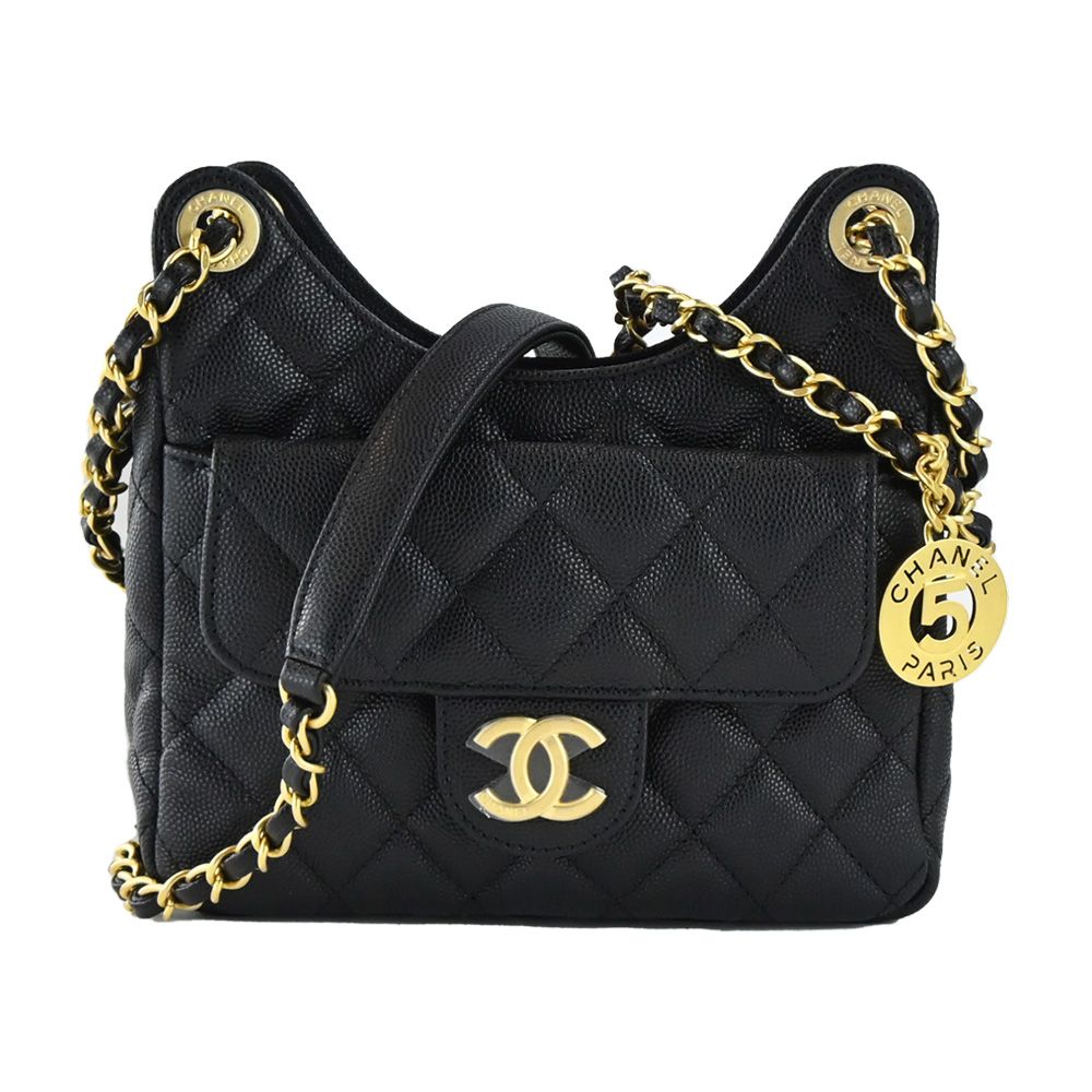 CHANEL 香奈兒  Hobo Bag 經典雙C LOGO菱格紋小牛皮流浪包(黑色)