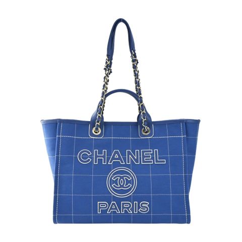 CHANEL 經典Deauville格紋帆布大號托特包(藍色)