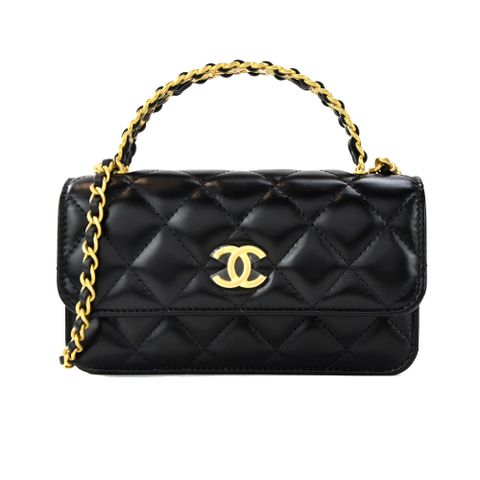 CHANEL 經典雙C菱格紋小牛皮鏈帶手提/斜背包(黑色)