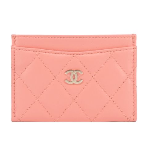 CHANEL 香奈兒 經典雙C LOGO菱格紋小羊皮卡片夾(蜜桃粉)