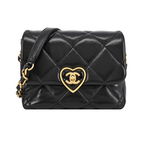 CHANEL 香奈兒 Small Flap Bag經典愛心鎖扣LOGO小羊皮斜/肩背包(黑色)