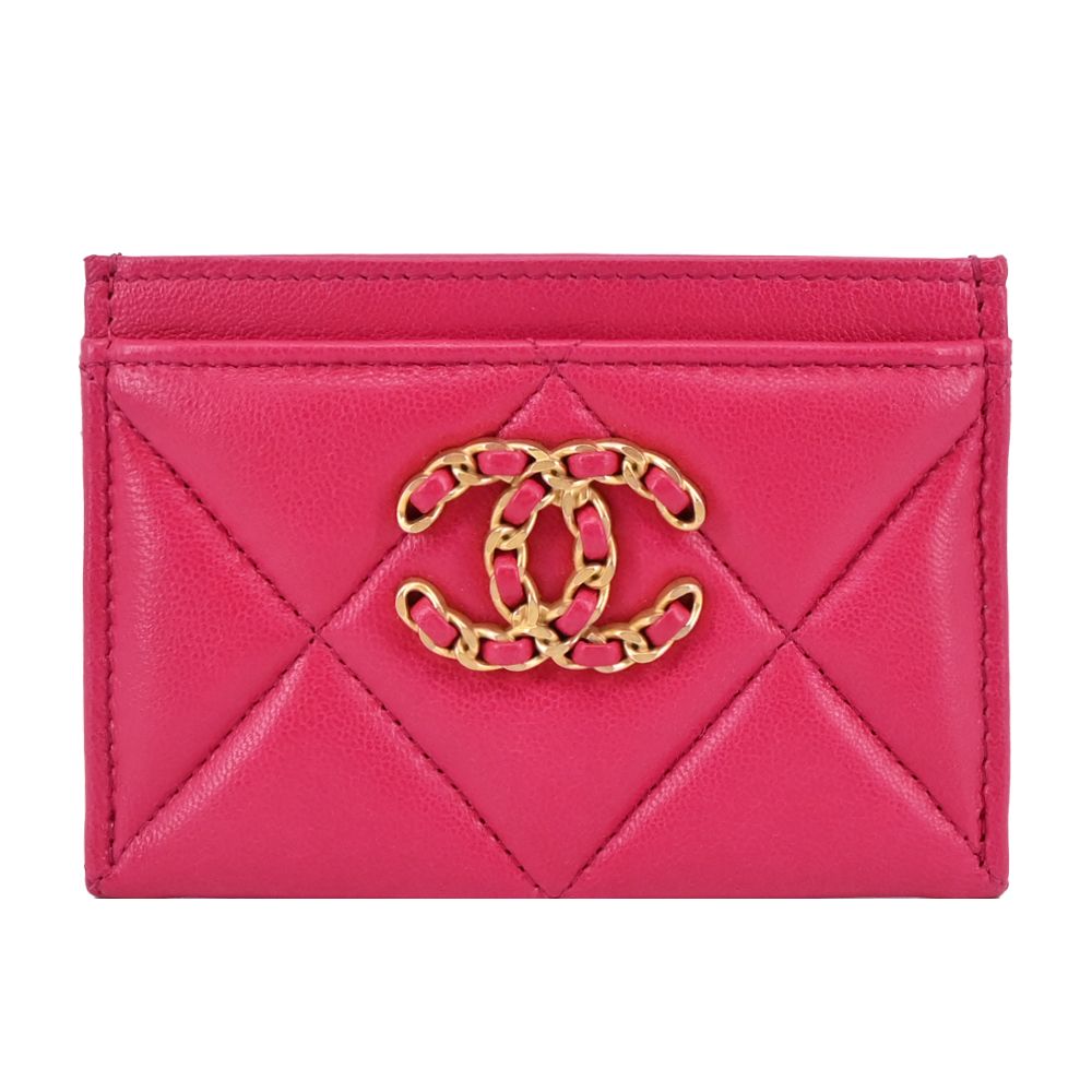 CHANEL 香奈兒  經典雙C LOGO菱格粒紋小羊皮金釦卡片夾(桃紅)
