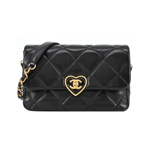 CHANEL 香奈兒 Flap Bag經典LOGO愛心鎖扣小羊皮斜/肩背包(黑色)