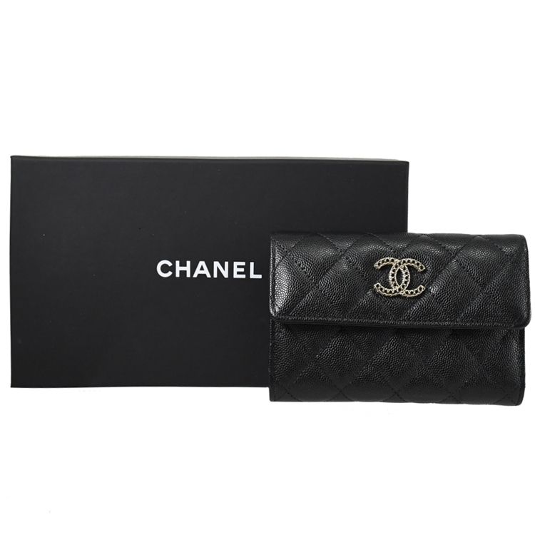 CHANEL 香奈兒  黑水鑽鑲嵌CC LOGO小牛皮釦式中夾.黑