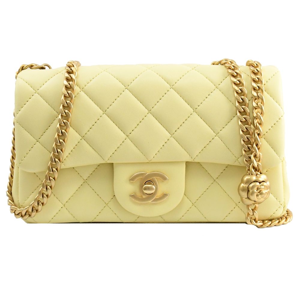 CHANEL 香奈兒 Mini Flap 小羊皮山茶花金球迷你斜背鍊包.淺黃 20cm