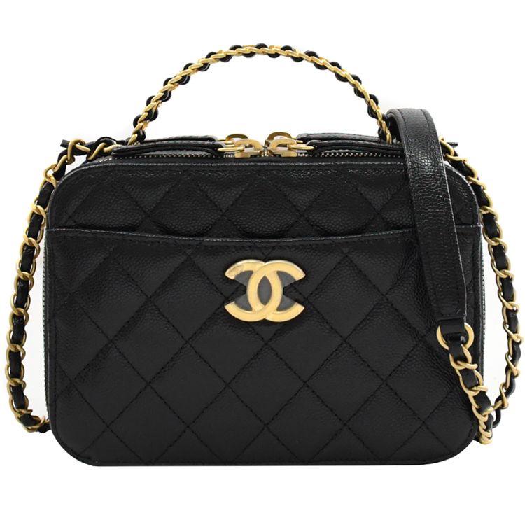 CHANEL 香奈兒 英字LOGO提把小牛皮雙層兩用鍊包.黑/金